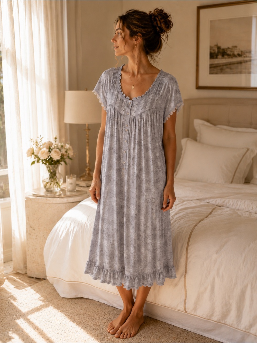 Eileen West Floral Nightgown Cottagecore Coastal Grandma Lace Trim Sleep Dress